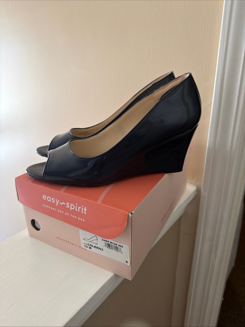 Easy Spirit Coleen Navy Blue Patent Peep-Toe Wedge Pumps size 10M